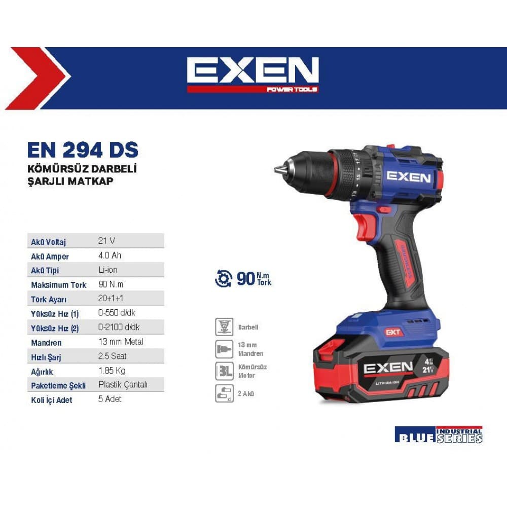 EXEN EN 294 DS - 21V 4Ah 90N.m Kömürsüz Darbeli Şarjlı Matkap