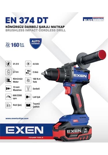 EXEN EN 374 DT - 21V 4Ah 160N.m Kömürsüz Darbeli Şarjlı Matkap