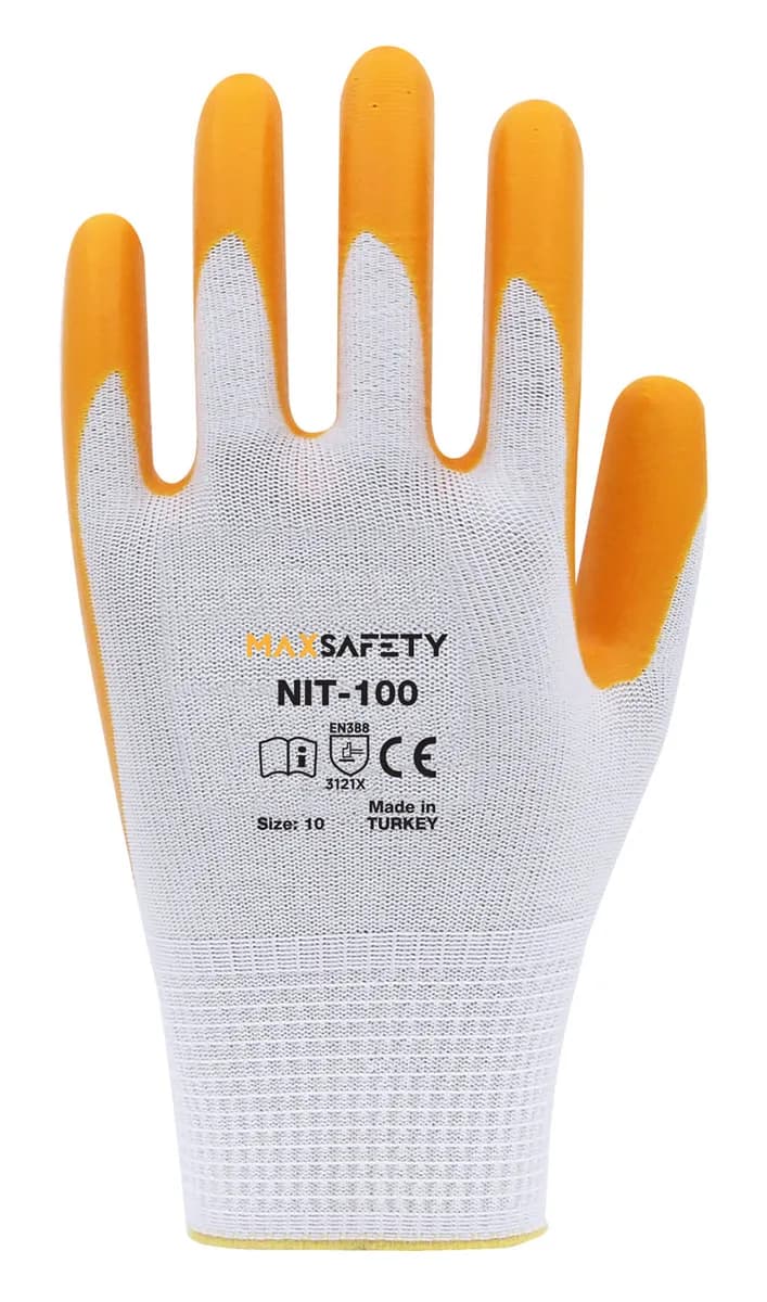 Max Safety NIT-100-10 Nitril Kaplı Eldiven (Sarı - Beyaz) No: 8 - 9 - 10