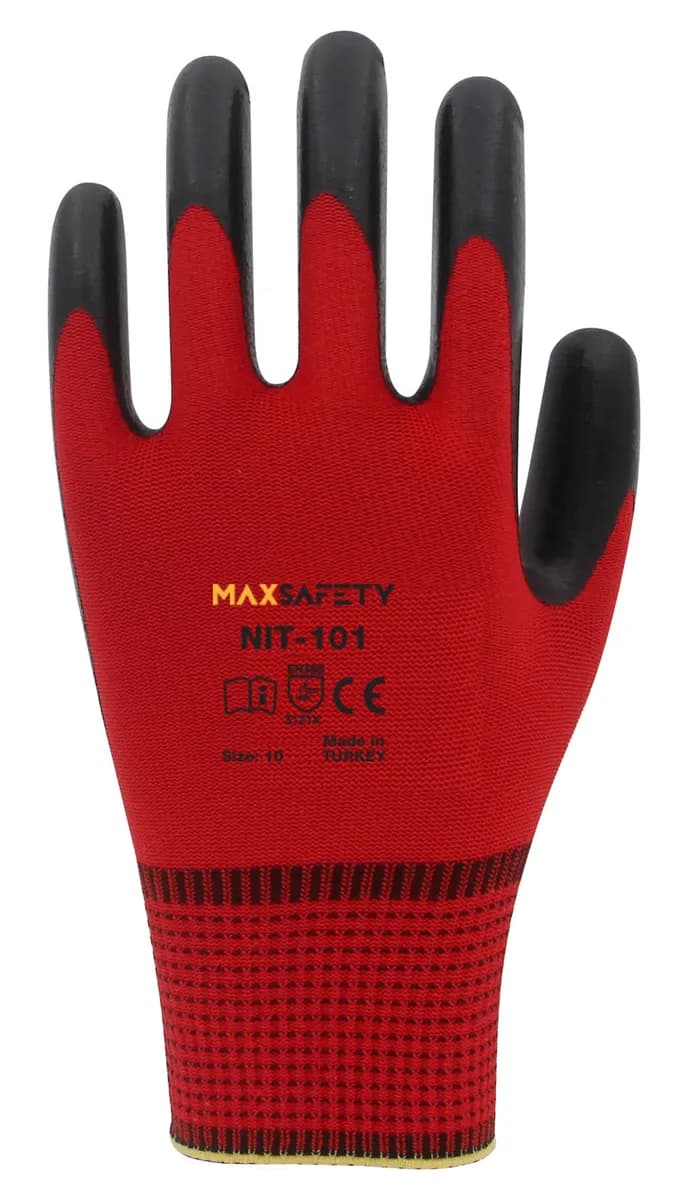 Max Safety NIT-101-10 Nitril Kaplı Eldiven (Kırmızı - Siyah) No: 8 - 9 - 10