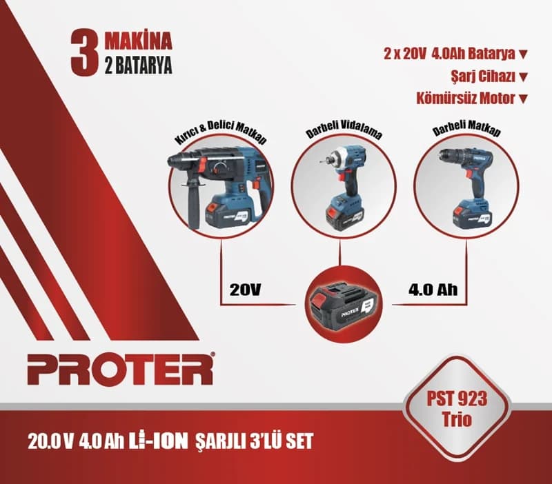 PROTER PST 923 TRİO 4.0Ah 20V Li-ion Pil Kömürsüz Şarjlı (Üçlü Makina Set)