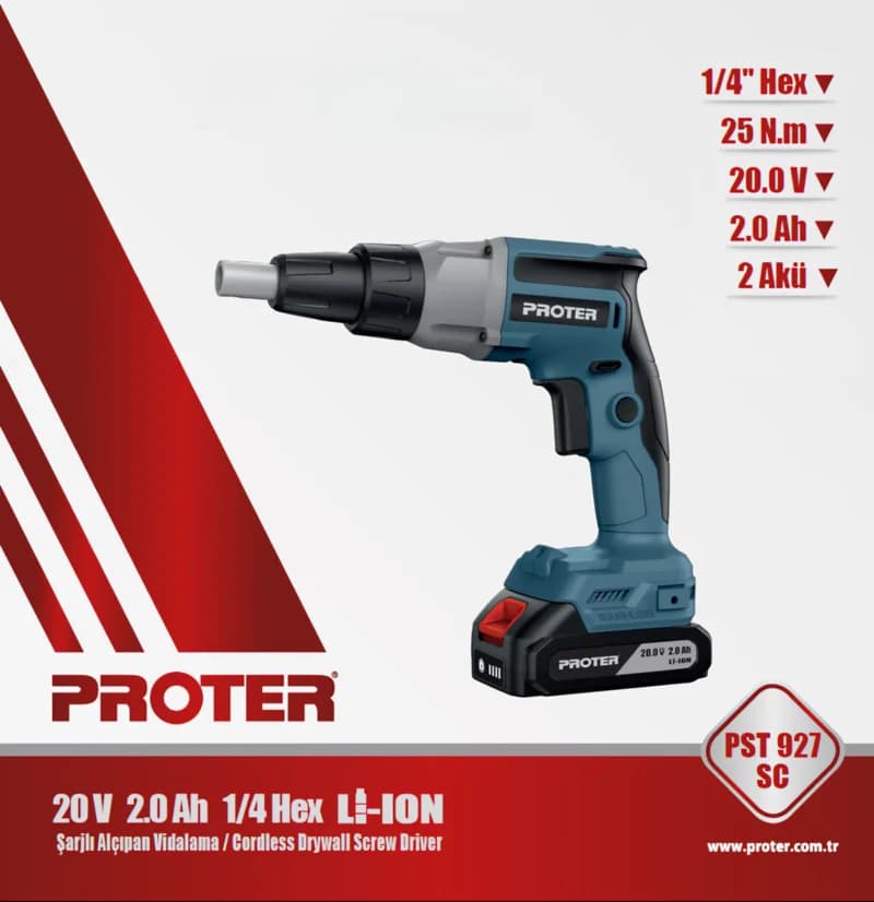 PROTER PST 927 SC 1/4 '' 20V 2.0Ah Lion Pil 25 N.m Tork Şarjlı Alçıpan Vidalama