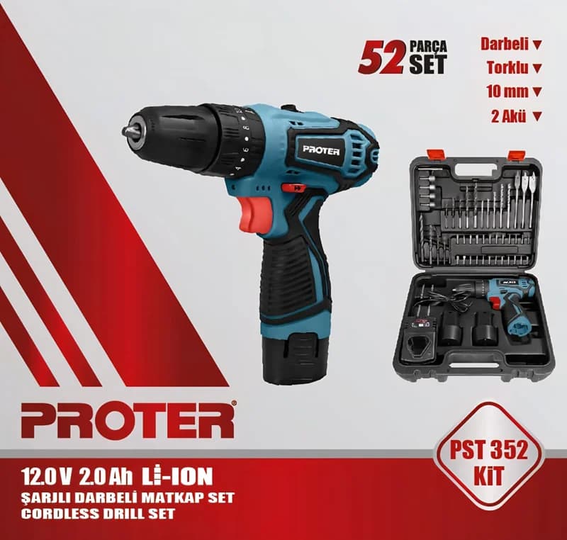 PROTER PST 352 KİT 12V 2.0Ah Li-ion Pil 2 Vts Darb.Şarjlı (52 Parça Set)