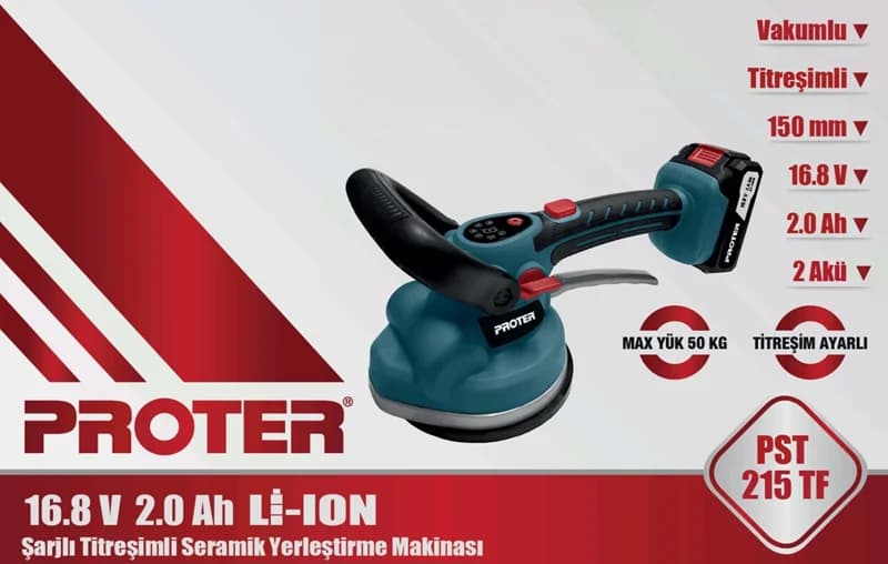 PROTER PST 215 TF 150mm 2.0Ah16.8V Li-ion Şarjlı Vantuzlu Titreşimli Fayans Tokmak