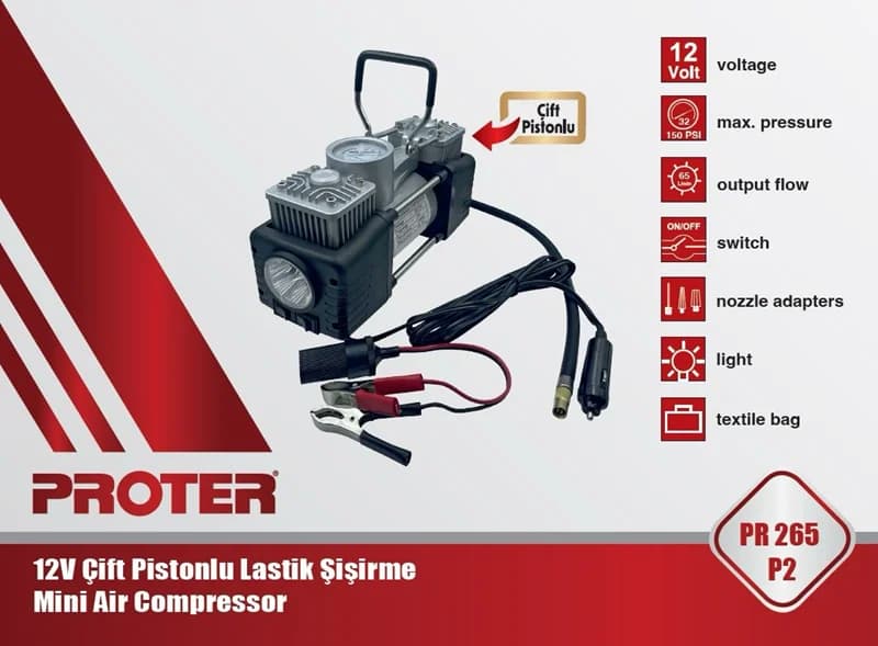 PROTER PR 265 P2 Çift Piston 12 V 150 PSI Hava Db 55 lt / dk Lastik Şişrm.